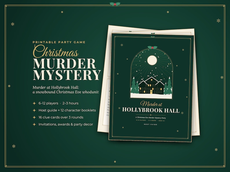 Op de afbeelding: Een printbaar gezelschapsspel getiteld Christmas Murder Mystery: Murder at Hollybrook Hall. De donkergroene omslag toont een witte maan, een besneeuwd huis en dennenbomen. Tekst bevat details voor 6-12 spelers en 2-3 uur.