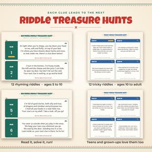 Puede incluir: Un conjunto de Riddle Treasure Hunts con tarjetas impresas que contienen acertijos rimados para edades de 5 a 10 a&ntilde;os y acertijos dif&iacute;ciles para mayores de 10 a&ntilde;os, incluyendo textos como Each Clue Leads To The Next y Read it, solve it, run!