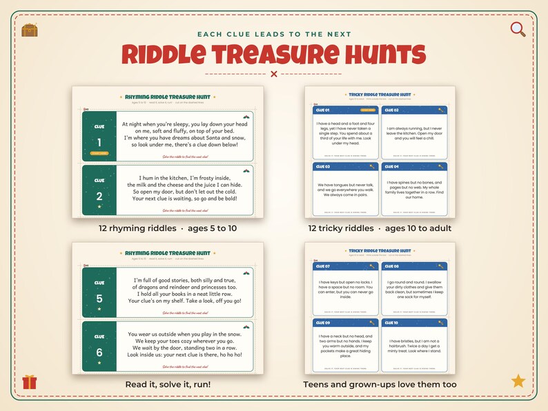 Puede incluir: Un conjunto de Riddle Treasure Hunts con tarjetas impresas que contienen acertijos rimados para edades de 5 a 10 a&ntilde;os y acertijos dif&iacute;ciles para mayores de 10 a&ntilde;os, incluyendo textos como Each Clue Leads To The Next y Read it, solve it, run!