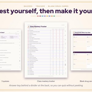 May include: A set of study materials featuring three distinct pages: a quiz titled Quiz 2: Which Class?, a Class Mastery Tracker with a numbered list of medical topics and checkboxes, and a page for Drug Cards: Write Your Own.