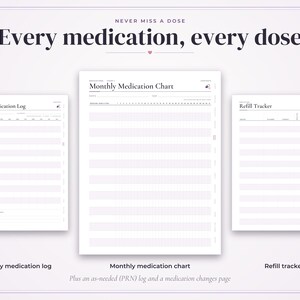May include: A set of three white printable medication tracking sheets featuring the text "Every medication, every dose," "Weekly Medication Log," "Monthly Medication Chart," and "Refill Tracker," with light purple accents and lavender illustrations.