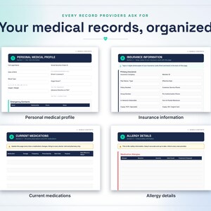 May include: A set of four medical record organizer pages titled Your medical records, organized. The pages include sections for Personal Medical Profile, Insurance Information, Current Medications, and Allergy Details with fields for data entry.