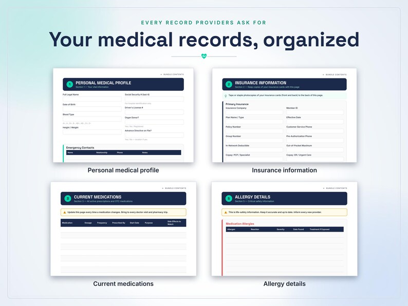May include: A set of four medical record organizer pages titled Your medical records, organized. The pages include sections for Personal Medical Profile, Insurance Information, Current Medications, and Allergy Details with fields for data entry.