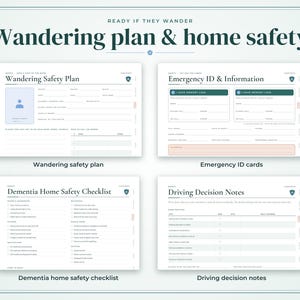 May include: A digital document set titled Wandering plan & home safety featuring four printable forms: Wandering Safety Plan, Emergency ID & Information, Dementia Home Safety Checklist, and Driving Decision Notes, all with white backgrounds.