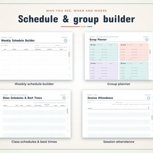 May include: A digital planner template titled Schedule & group builder featuring four distinct layouts: Weekly Schedule Builder, Group Planner with coloured boxes, Class Schedules & Best Times, and Session Attendance for organised tracking.