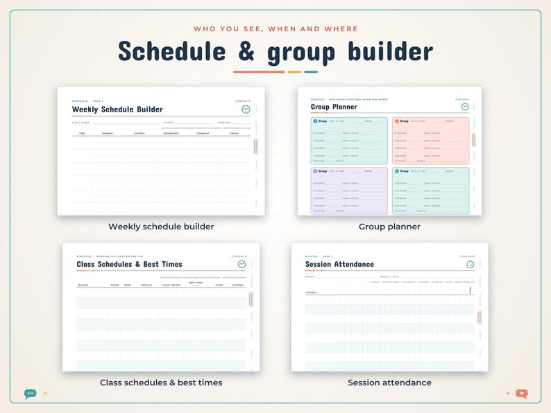 May include: A digital planner template titled Schedule & group builder featuring four distinct layouts: Weekly Schedule Builder, Group Planner with coloured boxes, Class Schedules & Best Times, and Session Attendance for organised tracking.