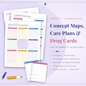 May include: A set of printable nursing school templates including concept maps, care plans, and drug cards. The documents feature colorful, lined boxes for writing. Text on the page reads: Concept Maps, Care Plans & Drug Cards, write-in templates for nursing students, 24 pages, 18 templates, 6 concept maps, linked boxes, care plans & diagnosis builder, drug cards & clinical prep, color & low-ink, letter & A4.