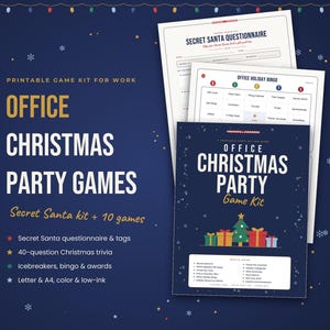Puede incluir: Un kit de juegos navide&ntilde;os imprimible para la oficina sobre un fondo azul oscuro con copos de nieve blancos. El kit incluye un cuestionario de amigo invisible, bingo navide&ntilde;o y una portada con un &aacute;rbol y cajas de regalo.