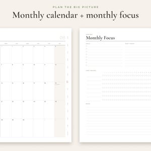 May include: A two-page planner layout featuring a monthly calendar for June on the left and a monthly focus page on the right. The calendar includes a grid for dates, while the focus page contains sections for goals, habit tracking, and notes.