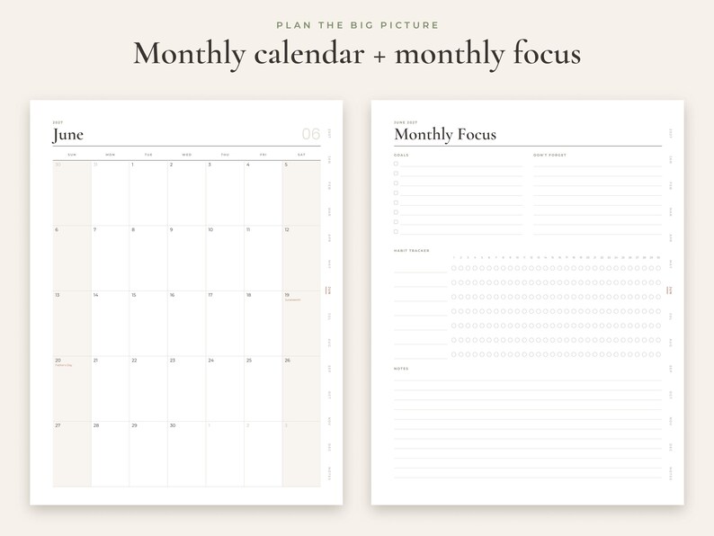 May include: A two-page planner layout featuring a monthly calendar for June on the left and a monthly focus page on the right. The calendar includes a grid for dates, while the focus page contains sections for goals, habit tracking, and notes.