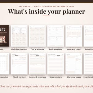May include: A 2027 small business planner with 145 pages, featuring a dark cover with a shop illustration and eleven interior page layouts including calendars, business goals, quarterly plans, launch planners, income, expenses, and inventory records.