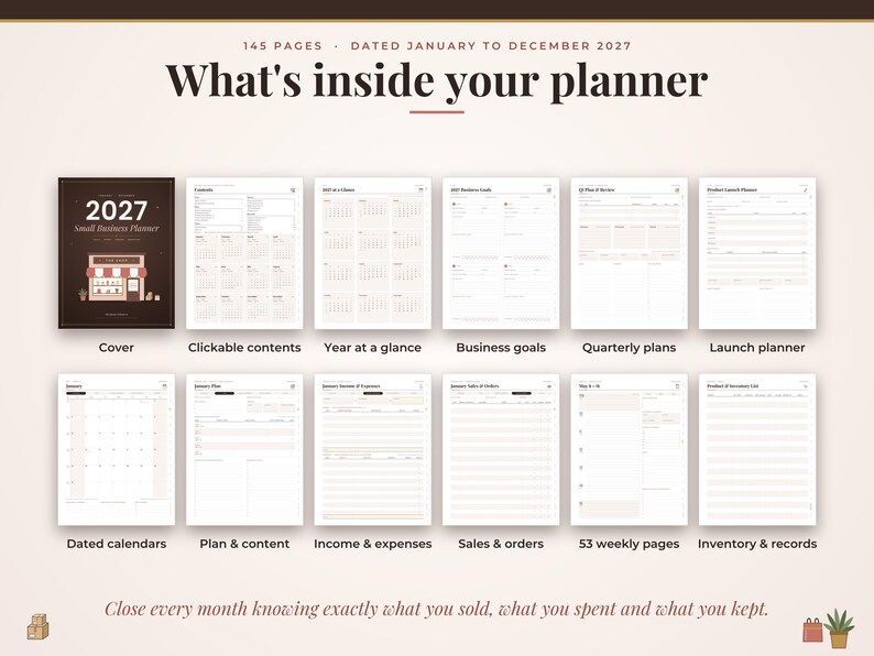 May include: A 2027 small business planner with 145 pages, featuring a dark cover with a shop illustration and eleven interior page layouts including calendars, business goals, quarterly plans, launch planners, income, expenses, and inventory records.