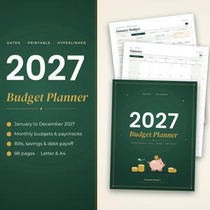 May include: A 2027 budget planner with a dark green cover featuring gold text and a piggy bank graphic. The planner includes monthly budget and paycheck tracking, bill management, savings and debt payoff sections, and 88 pages in Letter and A4 sizes.