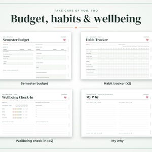 May include: A set of four white digital planner pages titled Budget, habits & wellbeing. Includes a Semester Budget, Habit Tracker, Wellbeing Check-In, and My Why page. Each page features black text, minimalist lines, and a small pink heart icon.