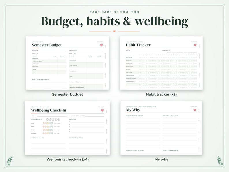 May include: A set of four white digital planner pages titled Budget, habits & wellbeing. Includes a Semester Budget, Habit Tracker, Wellbeing Check-In, and My Why page. Each page features black text, minimalist lines, and a small pink heart icon.
