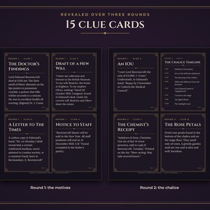 May include: A set of 15 clue cards displayed in two columns on a dark purple background. The cards feature text titles such as The Doctor's Findings, Draft of a New Will, An IOU, The Chalice Timeline, A Letter to the Times, and The Rose Petals.