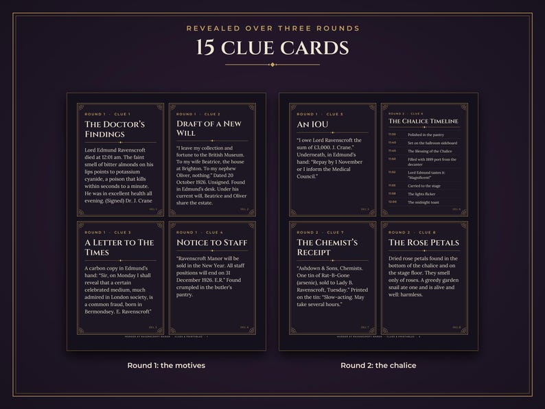 May include: A set of 15 clue cards displayed in two columns on a dark purple background. The cards feature text titles such as The Doctor's Findings, Draft of a New Will, An IOU, The Chalice Timeline, A Letter to the Times, and The Rose Petals.
