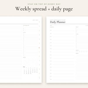 May include: A white planner layout featuring a weekly spread and a daily page. The weekly spread shows June dates with lined sections for priorities, to-do lists, and notes. The daily planner includes a schedule, to-do list, and notes section.