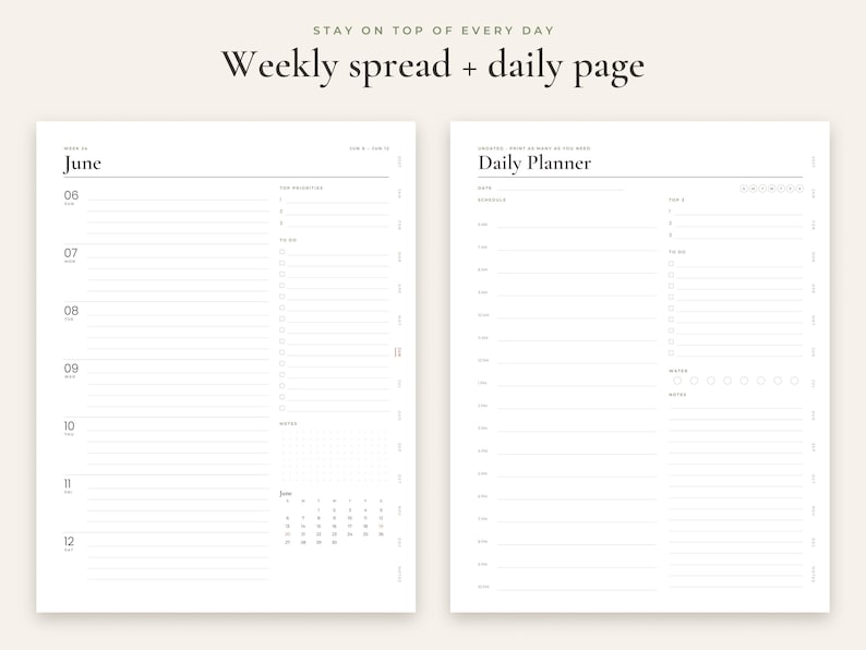 May include: A white planner layout featuring a weekly spread and a daily page. The weekly spread shows June dates with lined sections for priorities, to-do lists, and notes. The daily planner includes a schedule, to-do list, and notes section.
