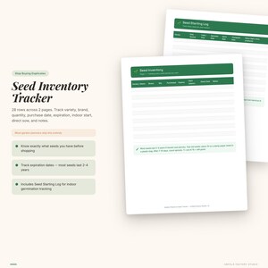 May include: A Seed Inventory Tracker with the text "Seed Inventory Tracker". The tracker includes sections for variety, brand, quantity, and expiration dates. It also includes a Seed Starting Log for indoor germination tracking. The document is in A4 size.