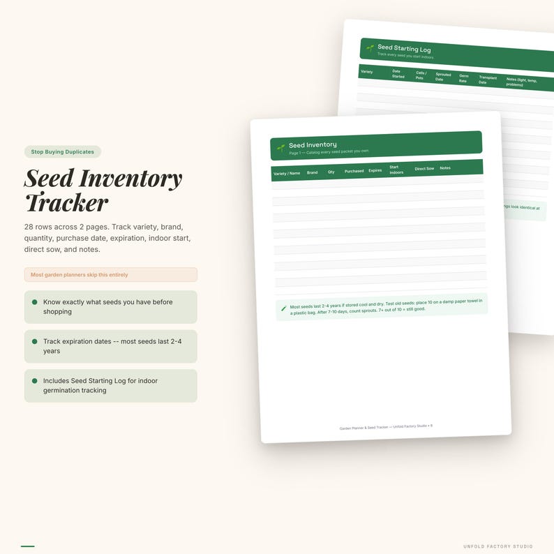 May include: A Seed Inventory Tracker with the text "Seed Inventory Tracker". The tracker includes sections for variety, brand, quantity, and expiration dates. It also includes a Seed Starting Log for indoor germination tracking. The document is in A4 size.