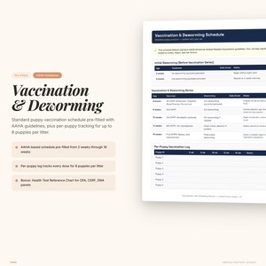 May include: A white document titled "Vaccination & Deworming Schedule" with text and tables. The document includes a schedule for puppies, with AAHA guidelines, and per-puppy tracking for up to 8 puppies per litter. The document also includes a Health Test Reference Chart.