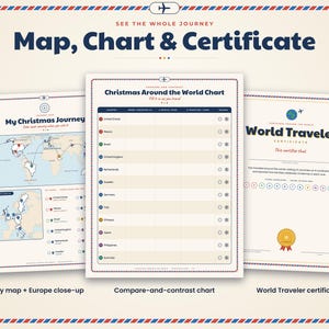 May include: A set of three printed documents featuring a world map titled My Christmas Journey, a Christmas Around the World Chart for tracking traditions, and a World Traveler Certificate, all framed by a red and blue airmail-style border.