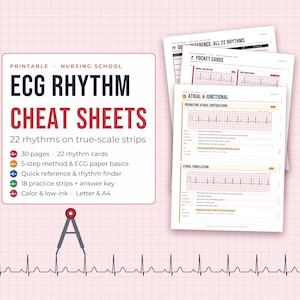 May include: A set of printable nursing school ECG rhythm cheat sheets featuring 22 rhythms on true-scale strips. The document includes 30 pages, 22 rhythm cards, a 5-step method, ECG paper basics, a quick reference, and 18 practice strips.