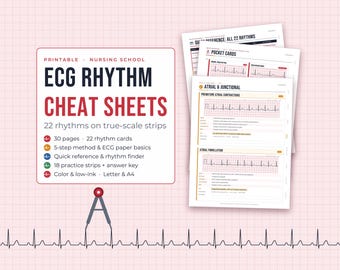 Op de afbeelding: Een set printbare ECG-ritme spiekbriefjes voor de verpleegkunde met 22 ritmes op schaalgetrouwe stroken. Het document bevat 30 pagina's, 22 ritmekaarten, een 5-stappenmethode, ECG-papierbasis en 18 oefenstroken met een antwoordsleutel.