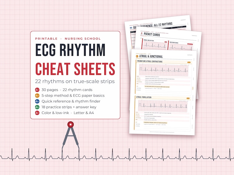May include: A set of printable nursing school ECG rhythm cheat sheets featuring 22 rhythms on true-scale strips. The document includes 30 pages, 22 rhythm cards, a 5-step method, ECG paper basics, a quick reference, and 18 practice strips.