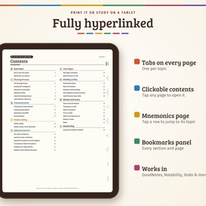 Pu&ograve; includere: Una guida di studio digitale per infermieri visualizzata su uno schermo di un tablet, con un indice dettagliato che include sezioni sul processo infermieristico, comunicazione, sicurezza del paziente, controllo infezioni e segni vitali.