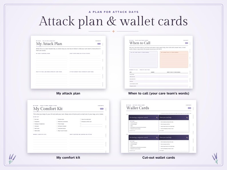 May include: A set of four printable planning documents titled A Plan for Attack Days, Attack plan & wallet cards, My Attack Plan, When to Call, My Comfort Kit, and Wallet Cards. These white sheets feature dark text and organized sections.
