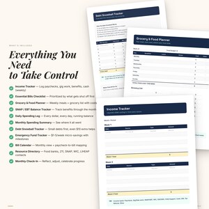 May include: A set of financial planning documents featuring an Income Tracker, Grocery & Food Planner, and Debt Snowball Tracker. The pages include dark blue headers, white backgrounds, and organized tables for tracking income, expenses, and food budgets.
