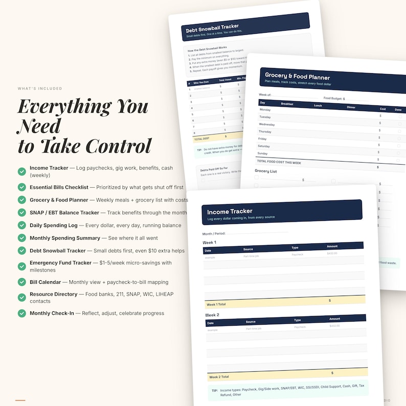 May include: A set of financial planning documents featuring an Income Tracker, Grocery & Food Planner, and Debt Snowball Tracker. The pages include dark blue headers, white backgrounds, and organized tables for tracking income, expenses, and food budgets.