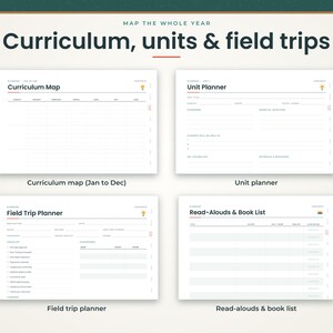 K&ouml;nnte beinhalten: Ein digitales Bildungsplaner-Set mit vier Vorlagen namens Curriculum Map, Unit Planner, Field Trip Planner und Read-Alouds & Book List. Die wei&szlig;en Seiten enthalten schwarzen Text, Linien f&uuml;r Notizen und organisierte Planungsbereiche.