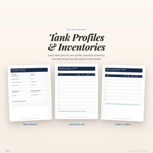 May include: A digital product display with the text "Tank Profiles & Inventories." The image shows three digital templates: Tank Profile, Livestock Log, and Plant/Coral Inventory. Each template has a dark blue header and a white background.