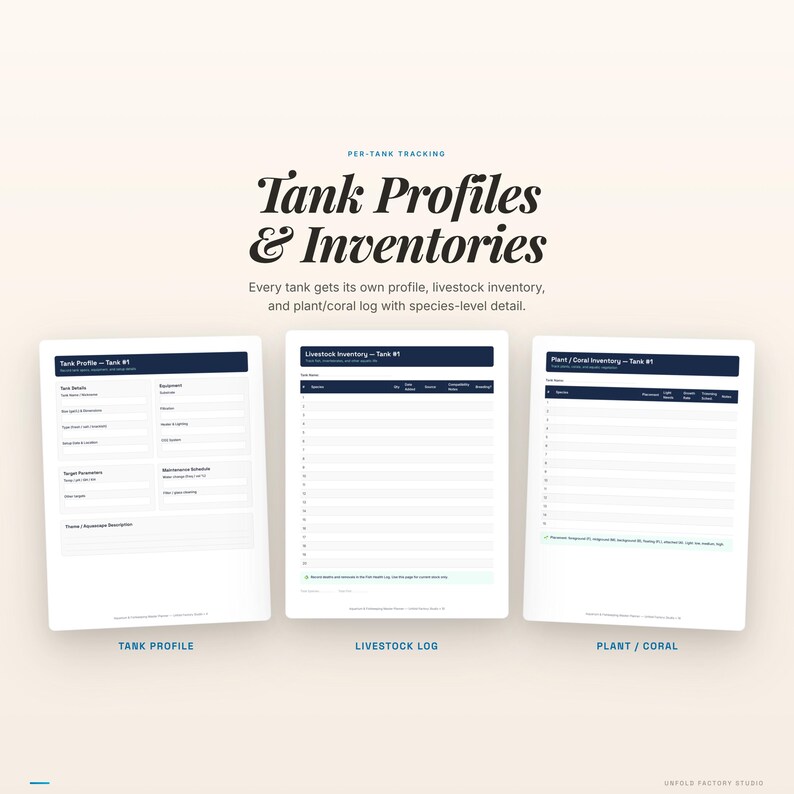 May include: A digital product display with the text "Tank Profiles & Inventories." The image shows three digital templates: Tank Profile, Livestock Log, and Plant/Coral Inventory. Each template has a dark blue header and a white background.