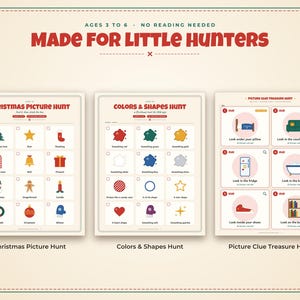 Puede incluir: Un conjunto de tres hojas de actividades imprimibles tituladas Made for Little Hunters, que incluyen una b&uacute;squeda de im&aacute;genes navide&ntilde;as, una b&uacute;squeda de colores y formas, y una b&uacute;squeda del tesoro con pistas visuales e iconos.