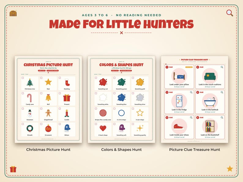 Puede incluir: Un conjunto de tres hojas de actividades imprimibles tituladas Made for Little Hunters, que incluyen una b&uacute;squeda de im&aacute;genes navide&ntilde;as, una b&uacute;squeda de colores y formas, y una b&uacute;squeda del tesoro con pistas visuales e iconos.