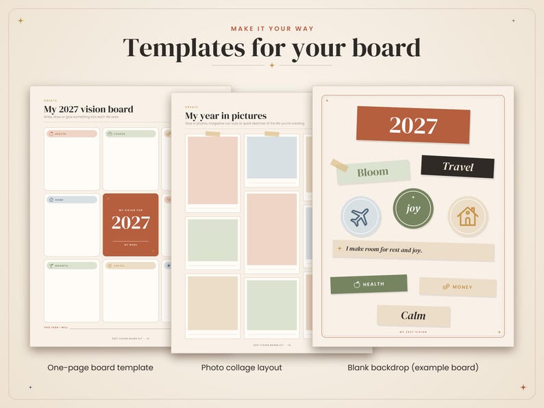 May include: Three digital templates for a 2027 vision board on a cream background. The first is a grid layout titled My 2027 vision board. The second is a photo collage layout titled My year in pictures. The third is a blank board with 2027 text.
