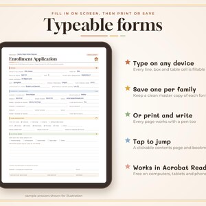 May include: A digital tablet displays an Enrollment Application form with fillable fields. Text on the right lists features: Type on any device, Save one per family, Or print and write, Tap to jump, and Works in Acrobat Reader.