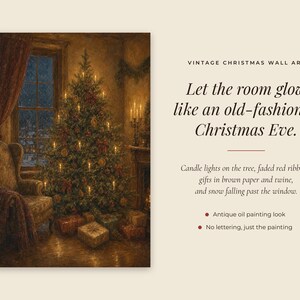 May include: A wall art print featuring an oil painting of a Christmas tree decorated with candle lights and red ribbons, placed in a room with a window showing falling snow. Wrapped gifts in brown paper sit on the floor near a wingback chair.