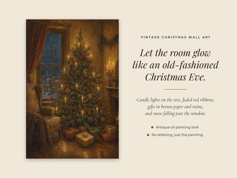 May include: A wall art print featuring an oil painting of a Christmas tree decorated with candle lights and red ribbons, placed in a room with a window showing falling snow. Wrapped gifts in brown paper sit on the floor near a wingback chair.