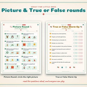 May include: Two printable activity sheets titled Picture & True or False rounds. The left sheet features a Picture Round with multiple-choice questions and icons. The right sheet contains a True or False Warm-Up with ten statements.