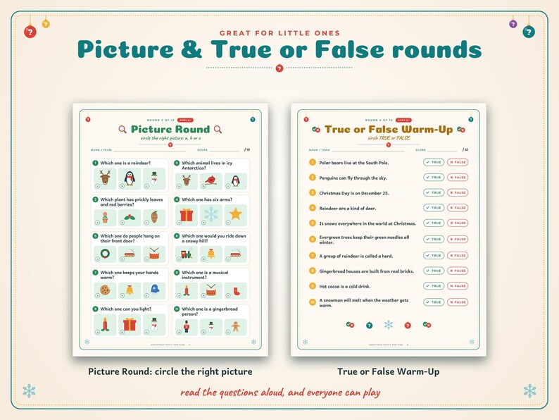 May include: Two printable activity sheets titled Picture & True or False rounds. The left sheet features a Picture Round with multiple-choice questions and icons. The right sheet contains a True or False Warm-Up with ten statements.