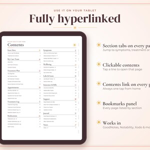 May include: A digital tablet displaying a fully hyperlinked contents page for a health planner. The screen shows sections for care teams, treatment plans, appointments, logs, medications, symptoms, wellbeing, labs, insurance, support, and journals.