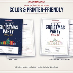 Puede incluir: Un kit de juegos imprimible para fiestas de Navidad en la oficina con dos versiones: un dise&ntilde;o a todo color en azul oscuro y un dise&ntilde;o blanco que ahorra tinta. Ambas versiones incluyen un t&iacute;tulo, un &aacute;rbol de Navidad con regalos y una lista de juegos.