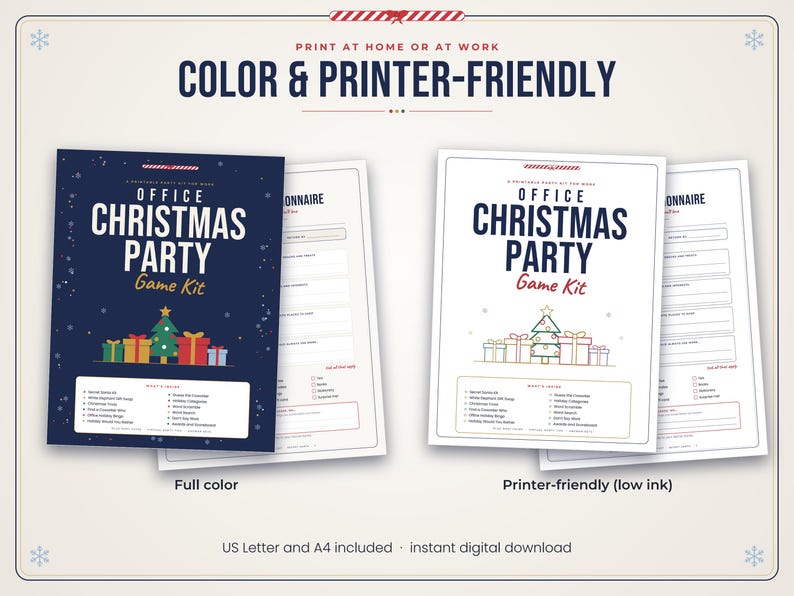 Puede incluir: Un kit de juegos imprimible para fiestas de Navidad en la oficina con dos versiones: un dise&ntilde;o a todo color en azul oscuro y un dise&ntilde;o blanco que ahorra tinta. Ambas versiones incluyen un t&iacute;tulo, un &aacute;rbol de Navidad con regalos y una lista de juegos.