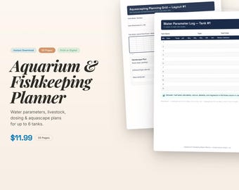 Afdrukbare aquariumplanner | Logboek aquarium | Waterparametertracker | Viskweekdagboek | Reef Tank-bindmiddel pdf