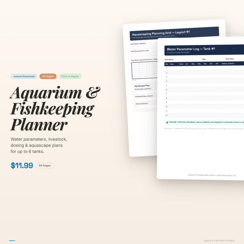 May include: An aquarium and fishkeeping planner with the text "Aquarium & Fishkeeping Planner". The planner includes water parameters, livestock, dosing, and aquascape plans for up to 6 tanks. The image also shows a planning grid and water parameter log.